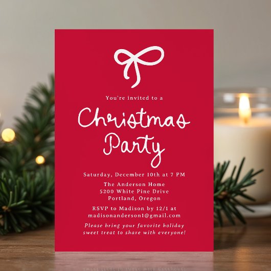 Invitation Whimsical Script Bow Red Christmas Party