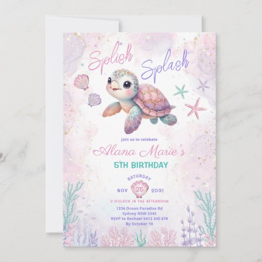 Invitation Whimsical Sea Turtle Sous l'eau fête d'anniversair (Devant)