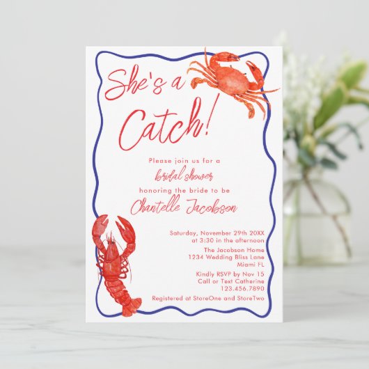 Invitation Whimsical She's a Catch Red Coastal Fête des marié (Debout devant)