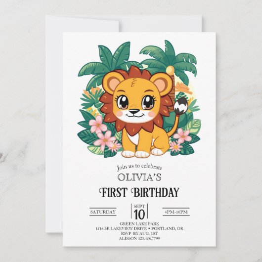 Invitation Whimsical Simple Lion 1er Anniversaire numérique (Devant)
