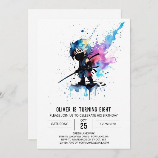 Invitation Whimsical Simple Ninja Boy Digital Anniversaire (Devant / Derrière)