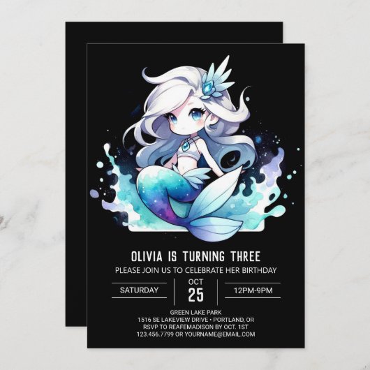 Invitation Whimsical Simple Sirène Anniversaire (Devant / Derrière)