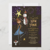 Invitation Whimsical Snowman & Starry Night New Year's Eve (Devant)