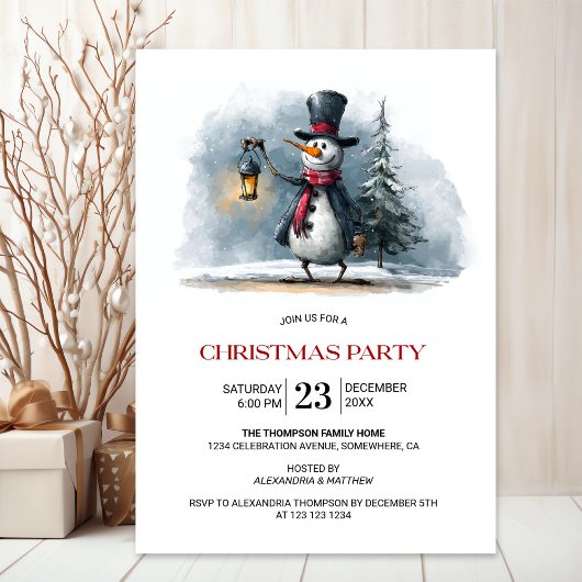 Invitation Whimsical Snowman with Lantern Christmas Party