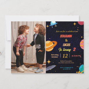 Invitation Whimsical Space jumeaux garçon fête d'anniversaire