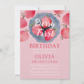 Invitation Whimsical Strawberry Pink 1st Birthday Watercolor  (Devant)