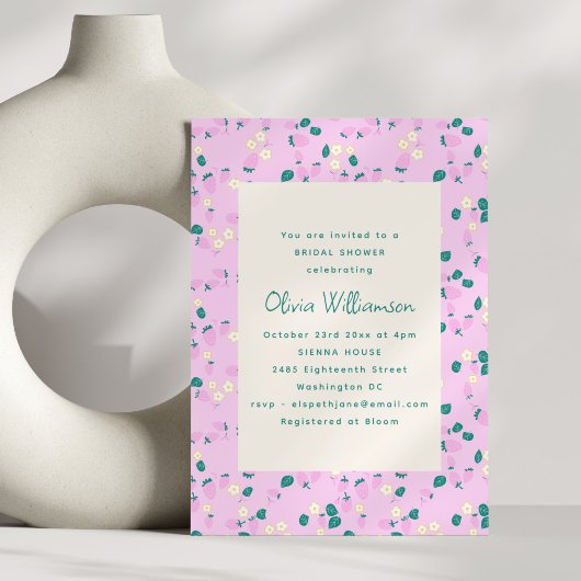 Invitation Whimsical Strawberry Pink Green Cute Bridal Shower