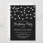 Invitation Whimsical String Lights Black Birday Party (Devant)