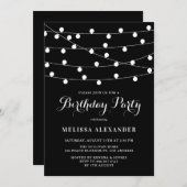 Invitation Whimsical String Lights Black Birday Party (Devant / Derrière)