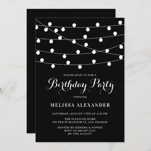 Invitation Whimsical String Lights Black Birday Party (Devant / Derrière)