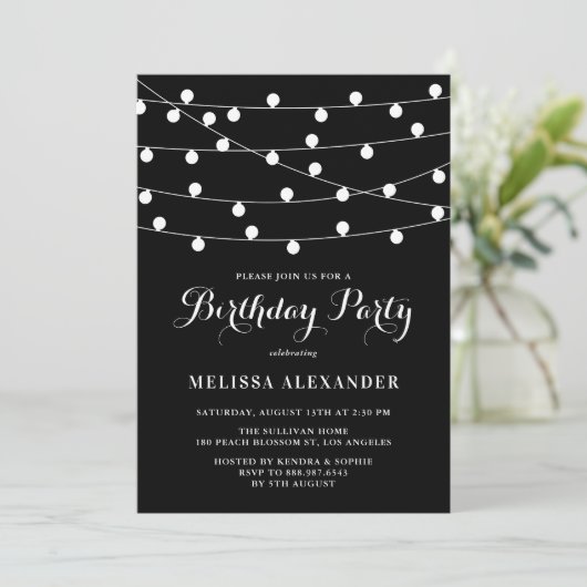 Invitation Whimsical String Lights Black Birday Party (Debout devant)