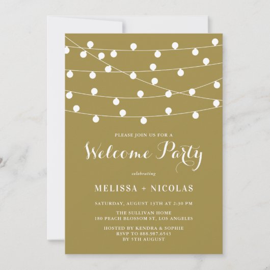 Invitation Whimsical String Lights Gold Welcome Party (Devant)