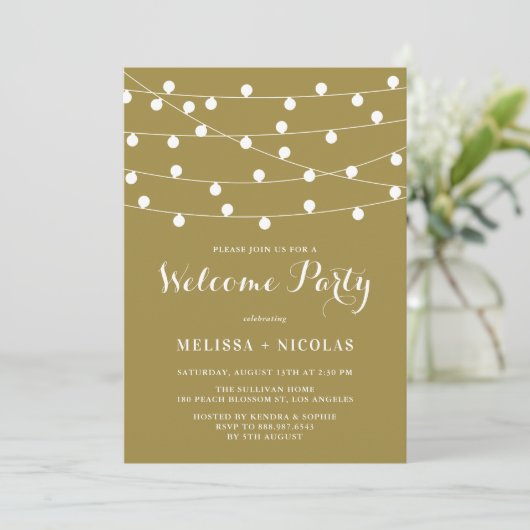 Invitation Whimsical String Lights Gold Welcome Party (Debout devant)