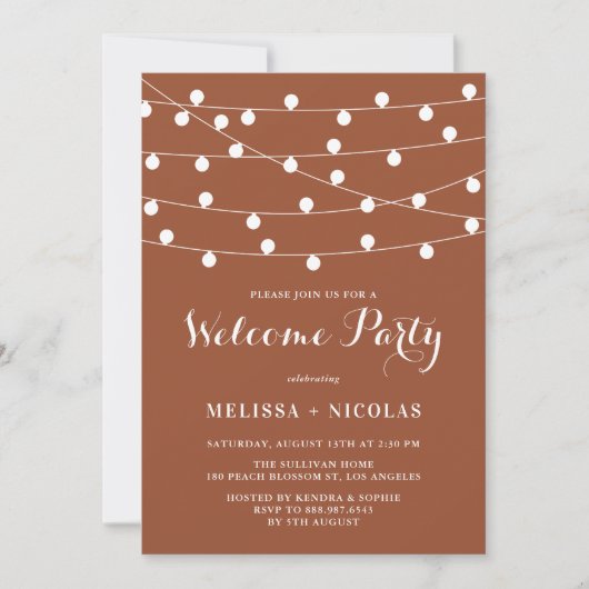 Invitation Whimsical String Lights Terracotta Welcome Party (Devant)