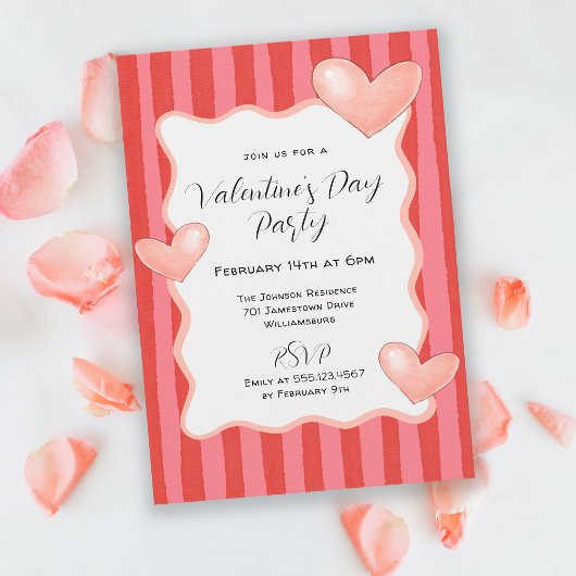 Invitation Whimsical Stripes and Hearts Valentines Day Party