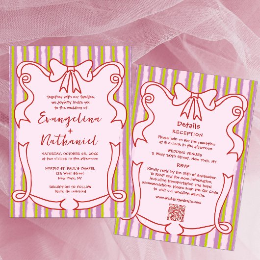 Invitation Whimsical Stripes Wavy Frame Bow Wedding