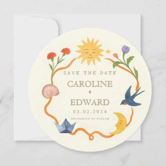Invitation Whimsical Sun and Moon Round Save the Date (Devant)