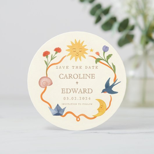 Invitation Whimsical Sun and Moon Round Save the Date