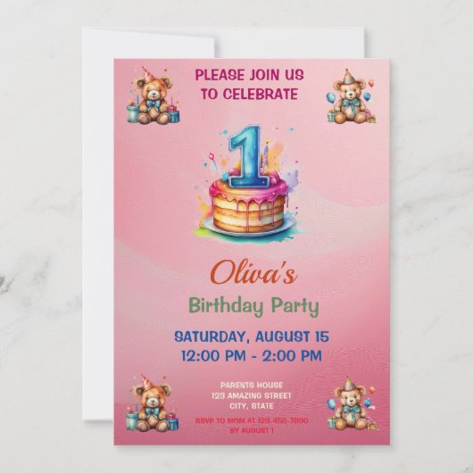 Invitation Whimsical Teddy Bear First Birthday (Devant)