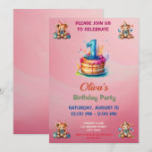 Invitation Whimsical Teddy Bear First Birthday (Devant / Derrière)