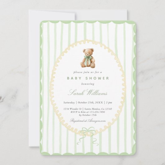 Invitation Whimsical Teddy Bear Sage Baby shower Garçon (Devant)