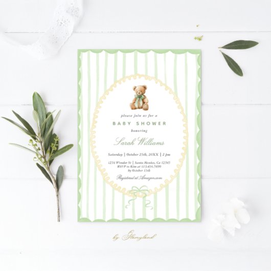 Invitation Whimsical Teddy Bear Sage Baby shower Garçon