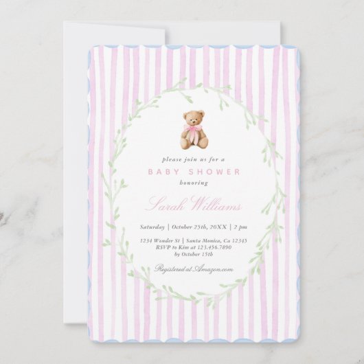 Invitation Whimsical Teddy ours Baby shower fille (Devant)