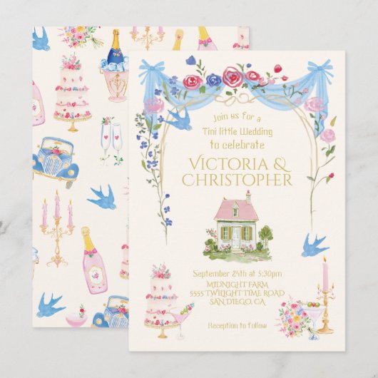 Invitation Whimsical Tini little Wedding cottage (Devant / Derrière)