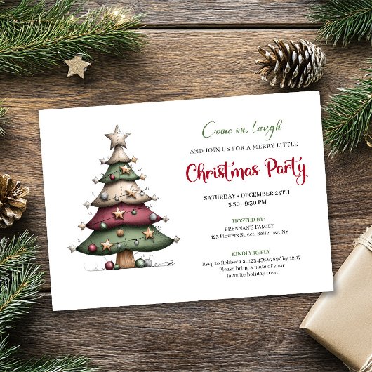 Invitation Whimsical tree classic red green Christmas invite