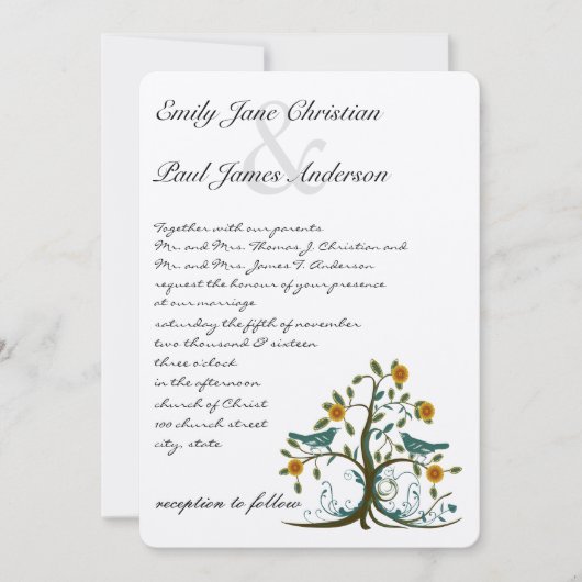 Invitation Whimsical Turquoise et Inséparable Mariage d'arbre (Devant)