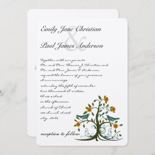 Invitation Whimsical Turquoise et Inséparable Mariage d'arbre (Devant / Derrière)