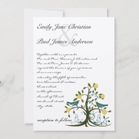 Invitation Whimsical Turquoise & Jaune Bird Tree Wedding Invi (Devant)