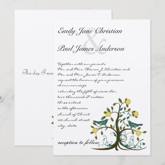 Invitation Whimsical Turquoise & Jaune Bird Tree Wedding Invi (Devant / Derrière)