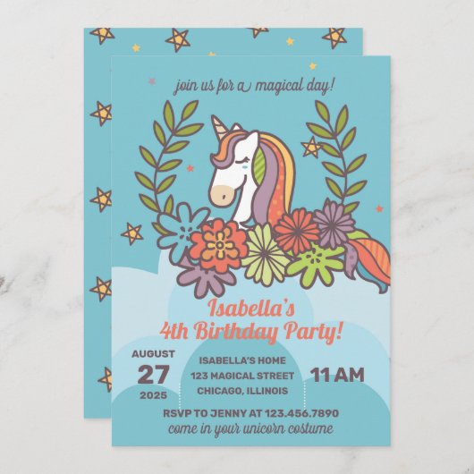 Invitation Whimsical Unicorn fête d'anniversaire (Devant / Derrière)