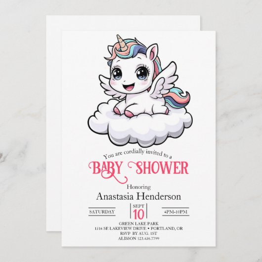 Invitation Whimsical Unique Unicorn Douche bébé (Devant / Derrière)