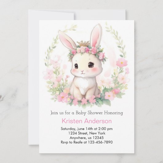Invitation Whimsical Watercolor Bunny Girl Baby shower (Devant)