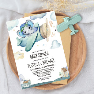 Invitation Whimsical Watercolor Elephant Baby shower avion