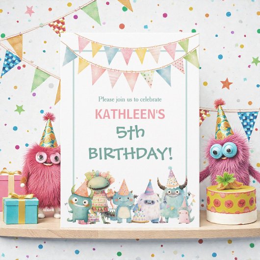 Invitation Whimsical Watercolor Funny Monsters Birthday 