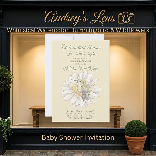 Invitation Whimsical Watercolor Hummingbird & Daisy