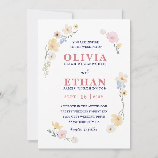 Invitation Whimsical Watercolor Wildflower Floral Spring (Devant)
