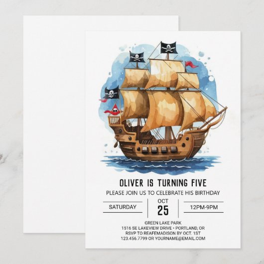 Invitation Whimsical Waves Matey Pirate Anniversaire (Devant / Derrière)