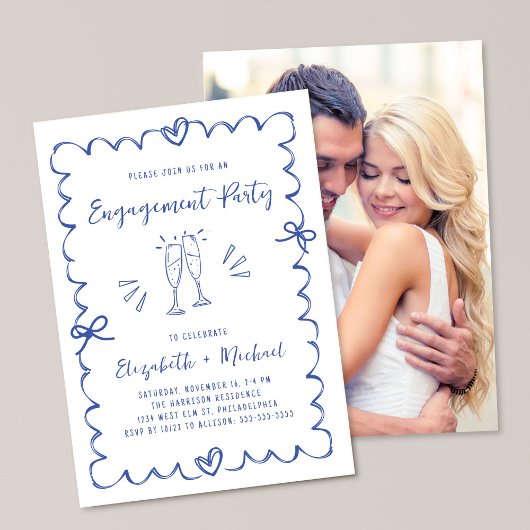 Invitation Whimsical Wavy Frame Blue Photo Engagement Party