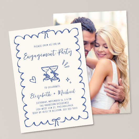 Invitation Whimsical Wavy Frame Blue Photo Engagement Party
