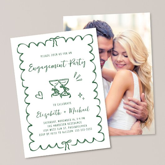 Invitation Whimsical Wavy Frame Photo Green Engagement Party