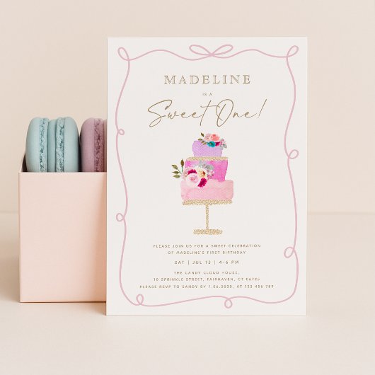 Invitation Whimsical Wavy Frame Pink Cake First Birthday 