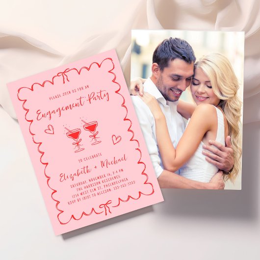 Invitation Whimsical Wavy Frame Pink Photo Engagement Party