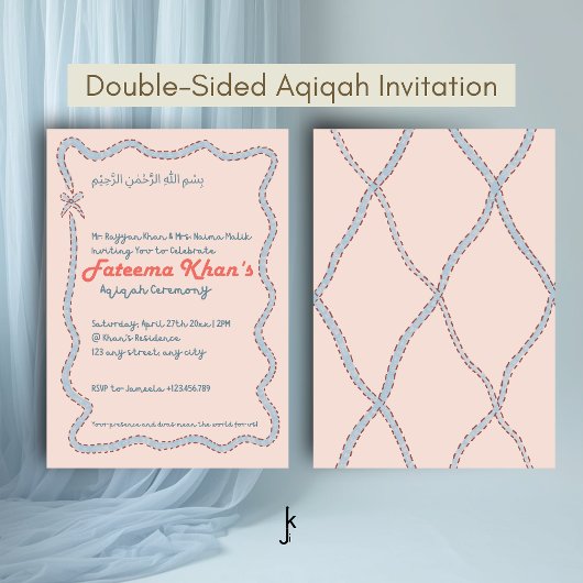 Invitation Whimsical wavy of Blush Pink and Soft Blue Aqiqah