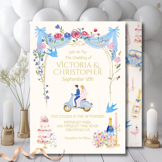 Invitation Whimsical Wedding Couple Italian scooter