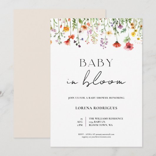 Invitation Whimsical Wildflower Baby in Bloom Shower (Devant / Derrière)