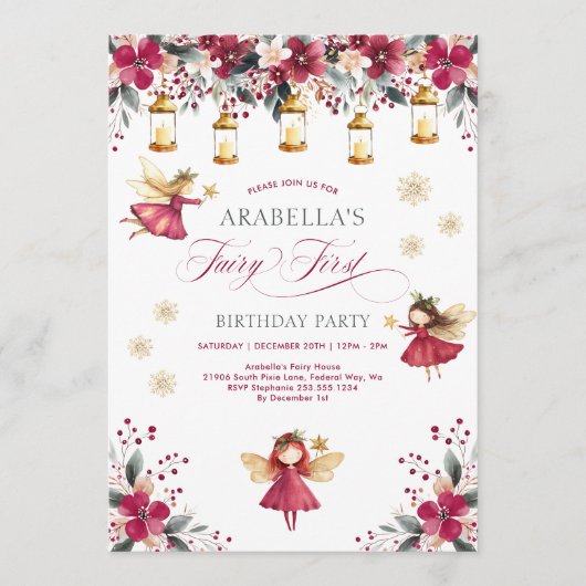 Invitation Whimsical Winter Fairy First Birthday Party (Devant)